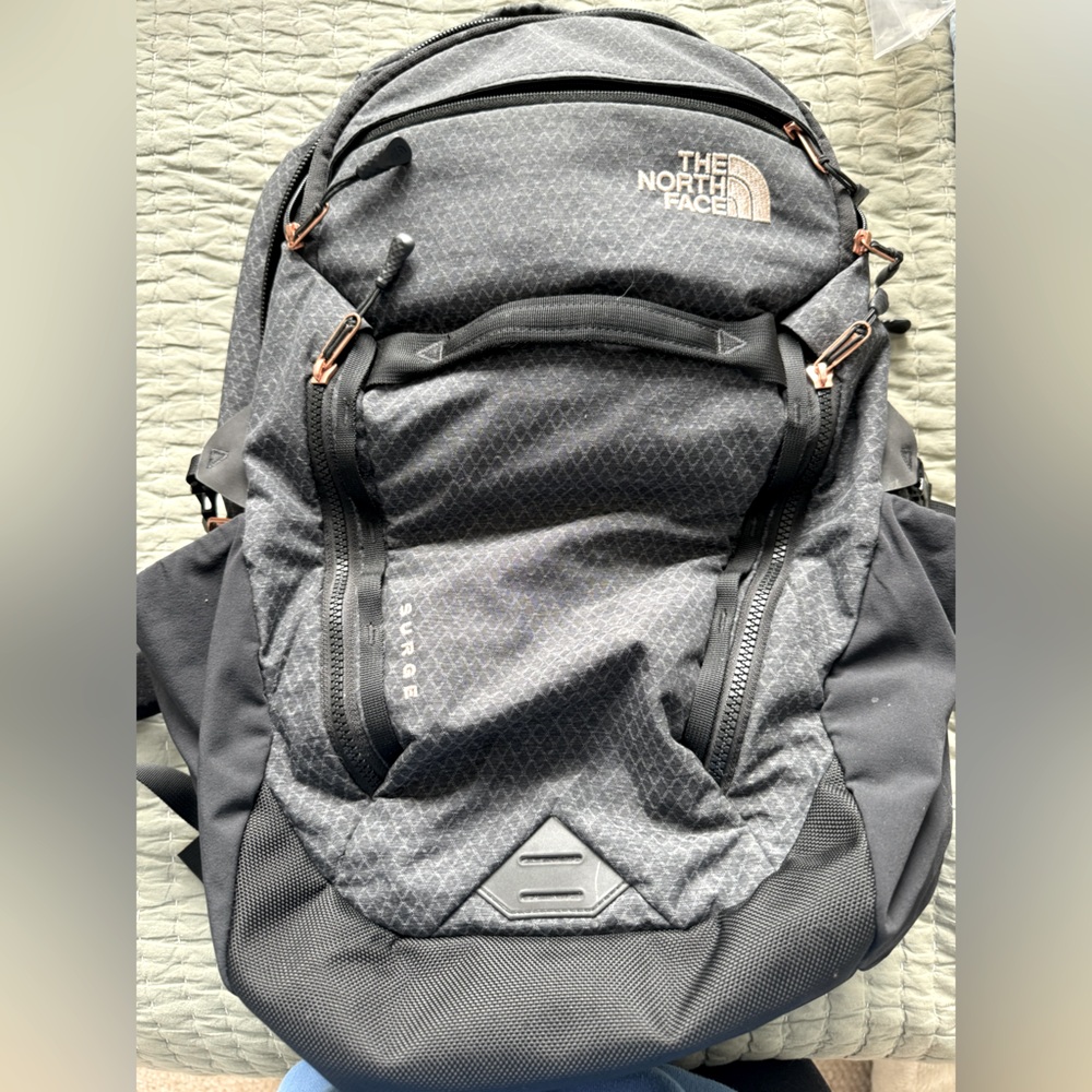 North Face Surge Backpack in dark grey with rose gold zippers